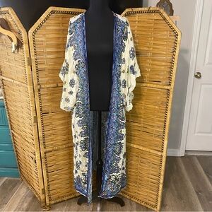 Pinky Floral Kimono duster with Blue and Cream Accents cottagecore boho